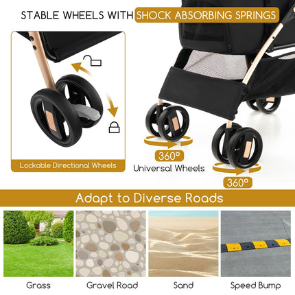 Dreamade Pet Stroller 3-in-1, Folding Dog Stroller Detachable Carrier Car Seat (Black & Gold)