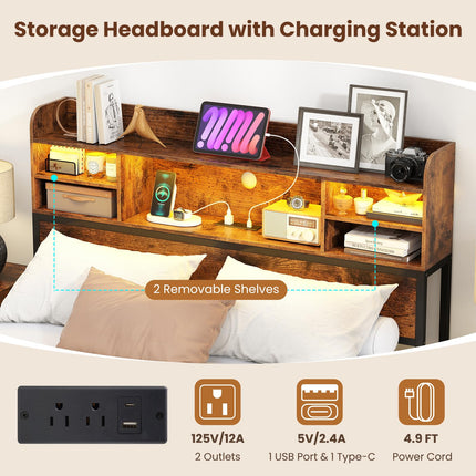 Dreamade Full Size Industrial Metal Bed Frame with LED Lights & Charging Station