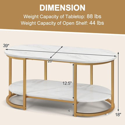 Dreamade White Marble Coffee Table - Modern 2-Tier Center Table w/Open Storage Shelf