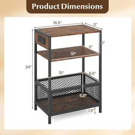 Dreamade 3-Tier End Table w/Metal Mesh Compartment & 2 AC Outlets (1/2)