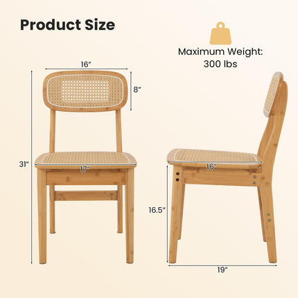 Dreamade Rattan Dining Chairs Set of 2, Boho Cane Kitchen Chairs, Max Load 300 Lbs