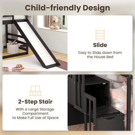 Dreamade House Bunk Bed Twin Over Twin with Slide and Storage Stairs, Solid Wood Low Loft Bed Frame with Roof & Guardrail