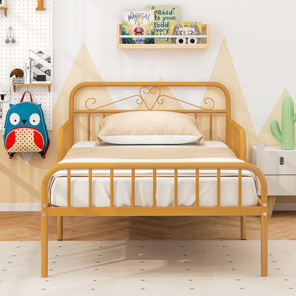 Dreamade Metal Twin Bed Frames for Kids, Heavy Duty Metal Platform Bed Frame with Headboard & Safety Guardrails
