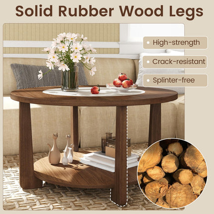 Dreamade 2-Tier Round Farmhouse Living Room Coffee Table with 2-Tone Tabletop