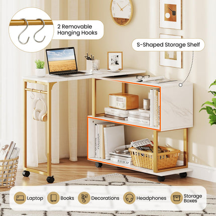 Dreamade 360° Free Rotating Sofa Side Table Modern L Shaped Desk with Storage Bookcase