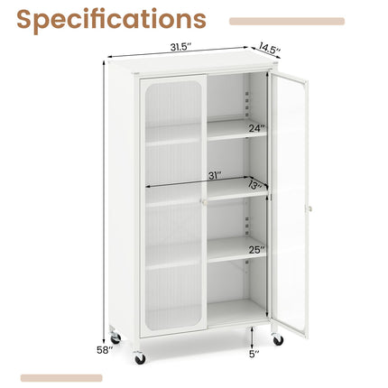 Dreamade Bookcase with Doors 58" Tall 4-Tier Bookshelf with Wheels
