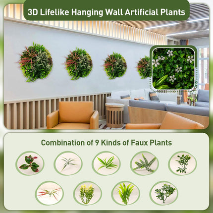 Dreamade 2 Pack Hanging Artificial Plants Panels, 20" Round Framed 3D Greenery Wall Art Decor