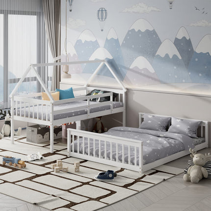 Dreamade Twin Over Full House Bunk Bed, Floor Low Bunk Bed Frame w/Integrated Ladder & Safety Guardrails