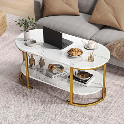 Dreamade 2-Tier Coffee Table Oval Center Table with Wood Grain Top & Open Storage Shelf