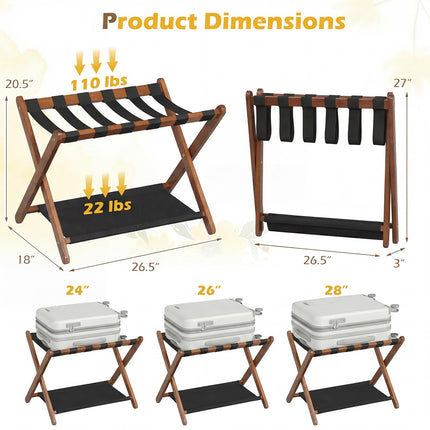 Dreamade Folding Luggage Rack | Solid Rubber Wood Suitcase Stand with Storage Shelves