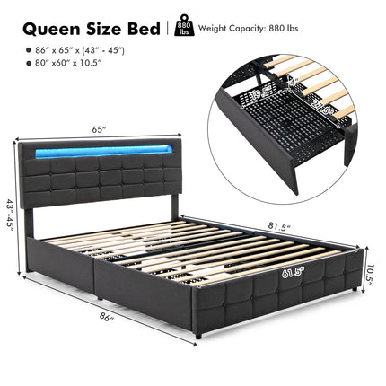 Dreamade Queen Bed Frame with LED Lights and 4 Drawers, Upholstered Platform Bed Frame with USB Ports
