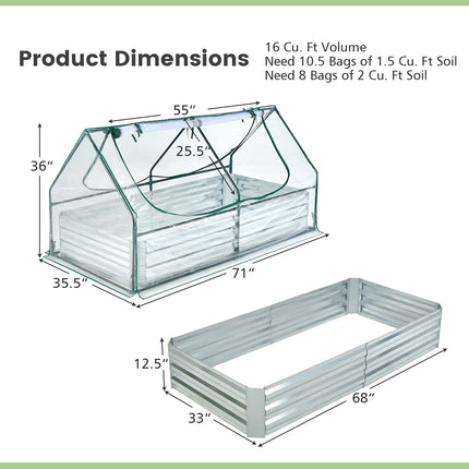 Dreamade Galvanized Steel Raised Garden Bed with Mini Greenhouse, Outdoor Metal Planter Box Kit with Large Roll-up PVC Cover