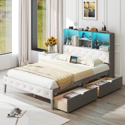 Dreamade Gray Full Size Bed Frame with Upholstered Bookcase Headboard