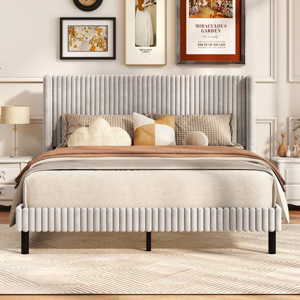 Dreamade Queen Velvet Bed Frame Upholstered Platform Bed with Vertical Tufted Wingback Headboard