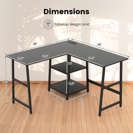 Dreamade L Shaped Desk with Power Outlets & USB Ports, 48" Corner Gaming Desk with 2 Tier Storage Shelves