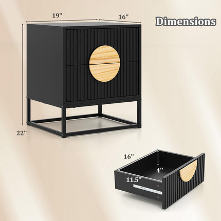 Dreamade Fluted Nightstand with 2 Drawers with Natural Circle Handle & Metal Frame