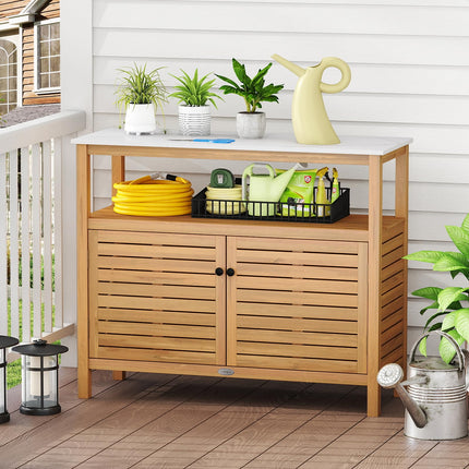 Dreamade Outdoor Potting Bench Acacia Wood Large Planting Workstation with 2-Door Storage Cabinet