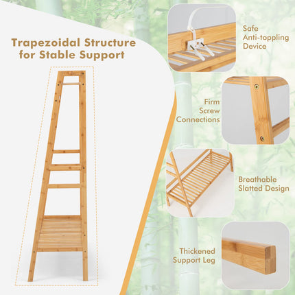 Dreamade 3 Tier Bamboo Clothing Rack with Shelves, Heavy Duty Freestanding Clothes Organizer Rack with Coat Hooks