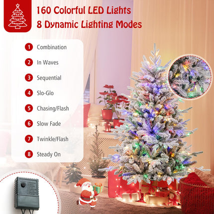 Dreamade 4.5ft Pre-Lit Snow Flocked Christmas Tree, Artificial Hinged Full Xmas Tree with 160 Multicolored LED Lights
