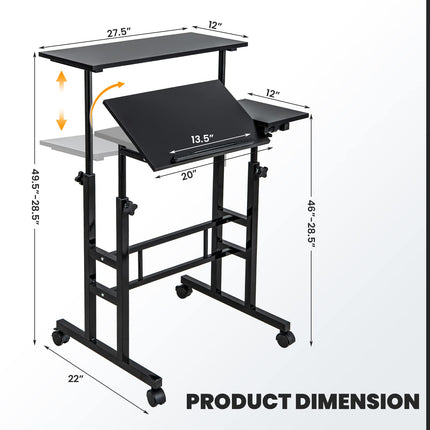 Dreamade Mobile Stand up Desk Adjustable, Rolling Standing Laptop Cart, 27.5"D x 22"W x 49.5"H