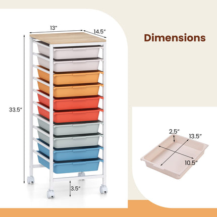 Dreamade 10-Drawer Rolling Storage Cart Mobile Utility Organizer with Wooden Tabletop and Lockable Wheels