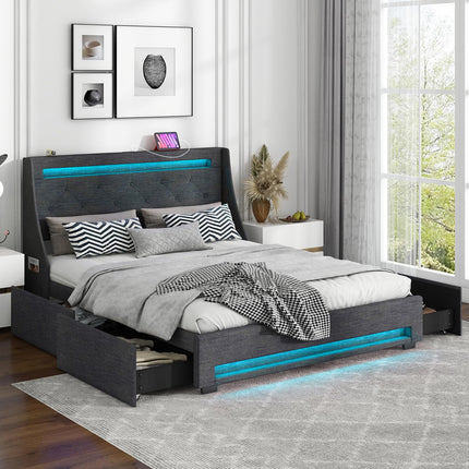 Dreamade Full Size Bed Frame with LED Lights & Charging Station, Upholstered Platform Bed with Wingback Headboard