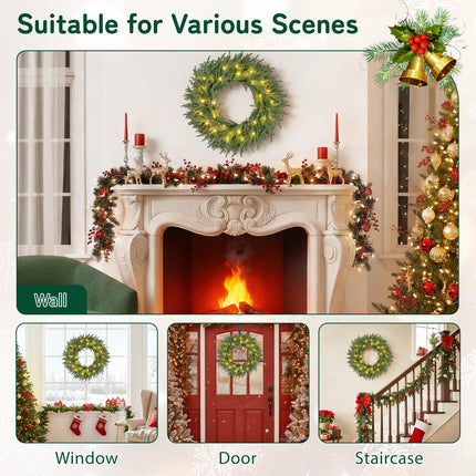24 Inch Pre-lit Christmas Wreath with 108 Branch Tips and 35 Warm White LED Lights for Wall Window-1 piece