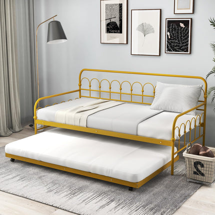 Dreamade Twin Daybed with Trundle Gold, Metal Day Bed with Convenient Pull-Out Trundle Bed
