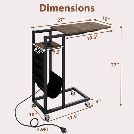 Dreamade C Shaped End Table with Charging Station and Wheels