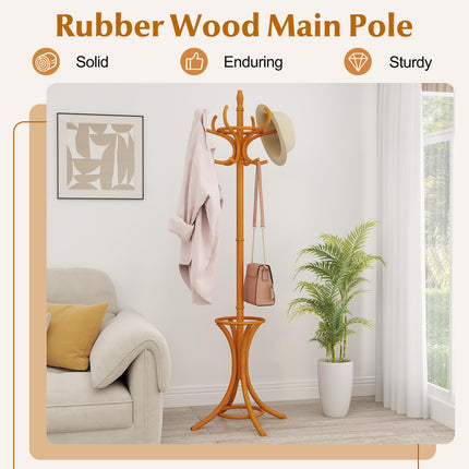 Dreamade Solid Wood Coat Rack, Freestanding Hall Tree w/12 Hooks, Umbrella Holder, Entryway Hanger Stand for Coat