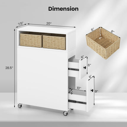 Dreamade Small Bathroom Storage Cabinet - Slim Bathroom Organizer with Wheels, 2 Drawers, 2 Baskets