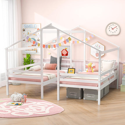Dreamade Double Twin Bed Frames for Kids, Wood House Shaped Platform with Built-in Nightstand & USB Port
