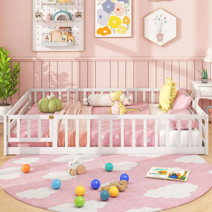 Dreamade Floor Bed with Door & Fence Kids Wood Montessori Beds with Safety Guardrails