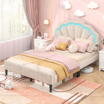Dreamade Full Size LED Bed Frame, Velvet Upholstered Full Platform Bed with Adjustable Cloud Headboard