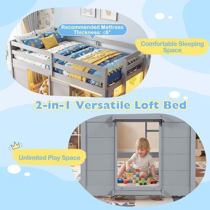Dreamade Wooden Low Kids Loft Bed with LED Lights and 2 Doors
