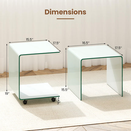 Dreamade C-Shaped End Table with Wheels - Mobile Tempered Glass Sofa Couch Side Table w/2-Tier Storage Shelf
