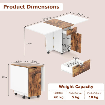 Dreamade Folding Dining Table 3-in-1 Space-Saving Drop Leaf Kitchen Table with Lockable Wheels