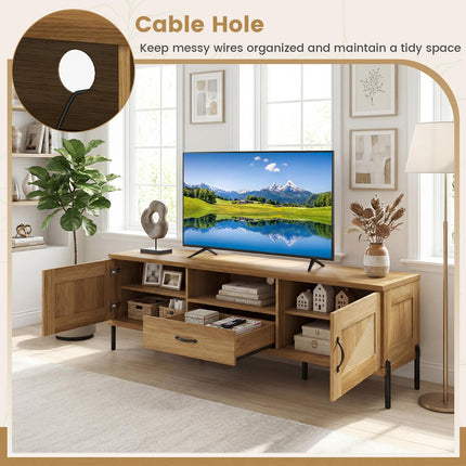 Dreamade Mid Century Modern Rattan TV Stand for TVs up to 80" w/ 2 Storage Cabinets
