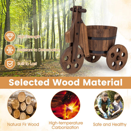 Dreamade Wooden Wagon Planter with Wheels Rustic Wood Plant Stand(Solid Wheel)