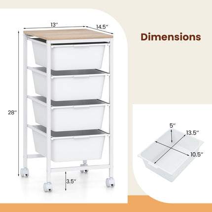 Dreamade 4-Drawer Rolling Storage Cart Mobile Utility Organizer with Wooden Tabletop and Lockable Wheels