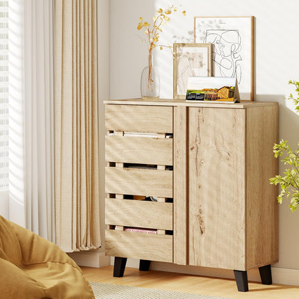 Dreamade 4-Tier Farmhouse Shoe Rack Cabinet with 2 Slatted Doors & Removable Shelves