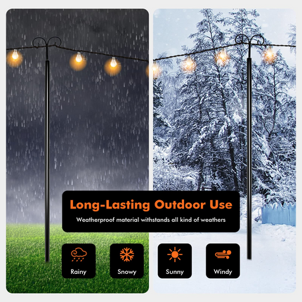Dreamade String Light Pole for Outside, 2 Pack 8ft / 10 ft Outdoor Metal Poles with Hooks for Hanging String Lights - DreamadeUS