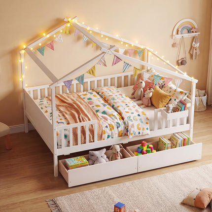 Dreamade Full Size House Bed with Roof and Fence Rails for Kid