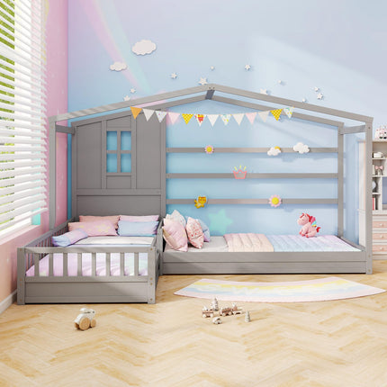 Dreamade Double Twin Beds for Kids, House L-Shaped Platform Beds with Window & Fences