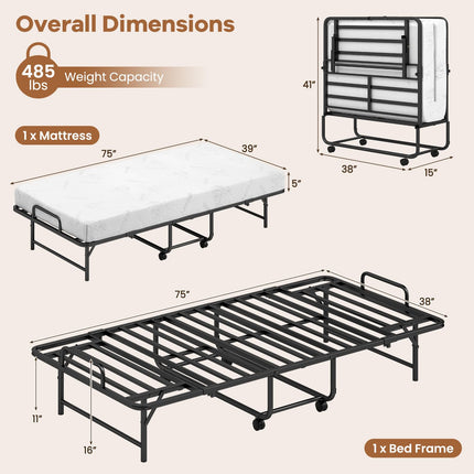 Dreamade Twin Folding Bed Frame with 5 Inch Mattress, Portable Rollaway Guest Bed, 75" x 38"