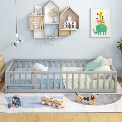 Dreamade Twin Floor Bed with Door & Fence, Kids Wood Montessori Bed with Safety Guardrails