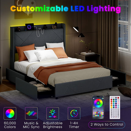 Dreamade Full/Queen Size Bed Frame with 4 Storage Drawers & LED Lights, Headboard & Charging Station, Wooden Slats, Easy Assembly, Grey