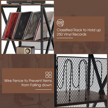 Dreamade Record Player Stand, Vinyl Record Storage Table w/ 3 M-shaped Dividers & 4 Rolling Wheels, Rustic Brown