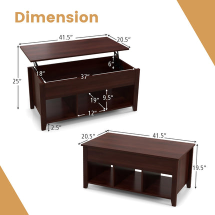 Dreamade Lift Top Coffee Table - Rectangular Wooden Table w/Hidden Compartment & Open Storage Shelves