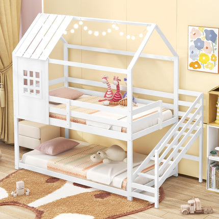 Dreamade Twin Bunk Beds with Stairs, Floor House Bed with Roof & Window